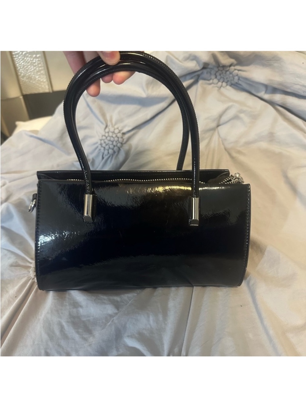 Melie Bianco Black Patent Barrel Mini Handbag